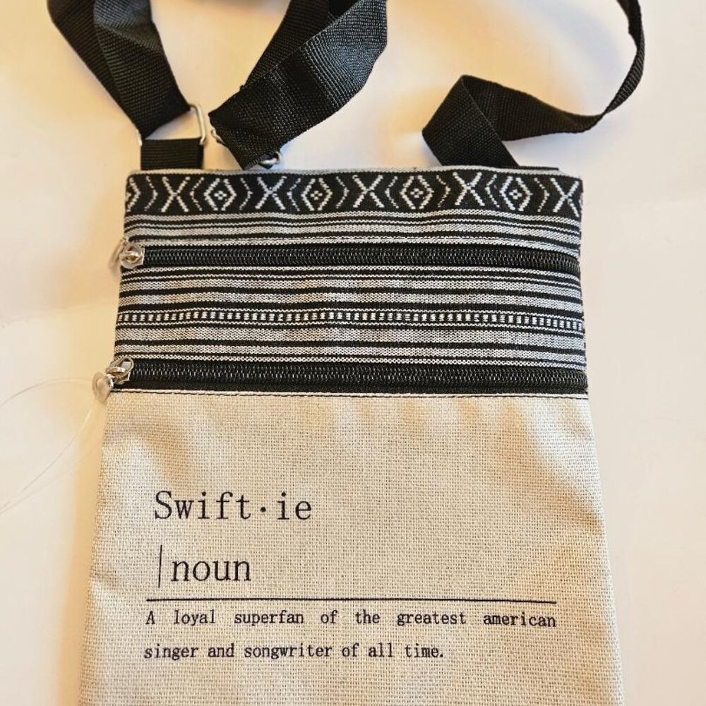 "Swift-ie" small canvas crossbody purse w/ black/white geometric pattern.